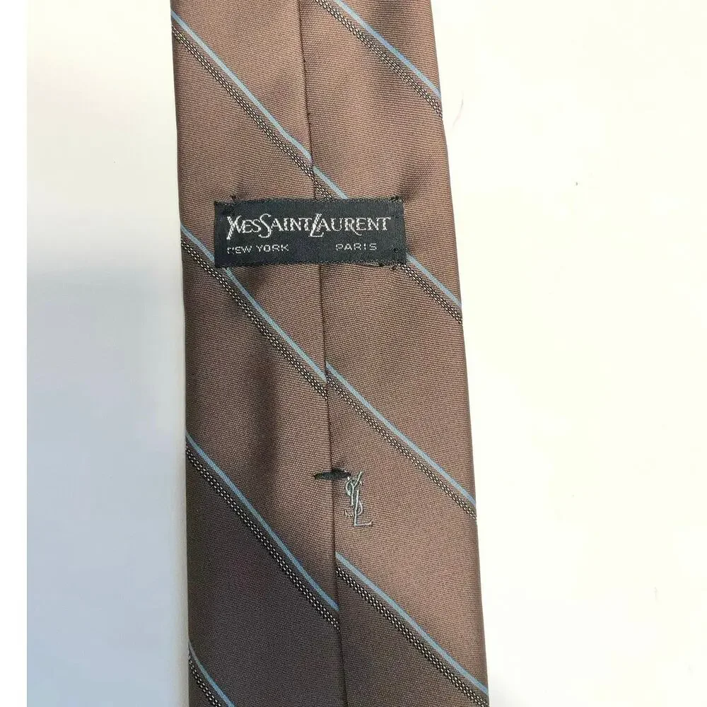 Yves Saint Laurent Brown Silk Stripe Tie YSL Logo Designer Necktie
